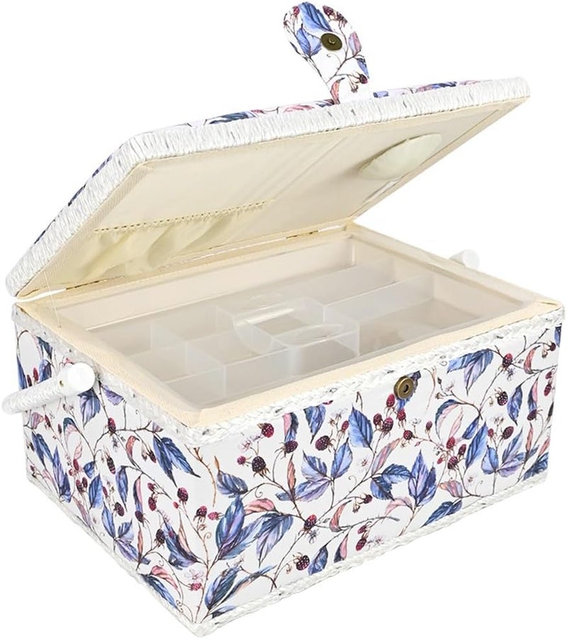 COMFECTO Sewing Basket with Blue Red Floral Print Design, Empty Vintage Sewing Box for Sewing Supplies with Removable Tray Built-In Pin Cushion Interior Pocket - Image 1